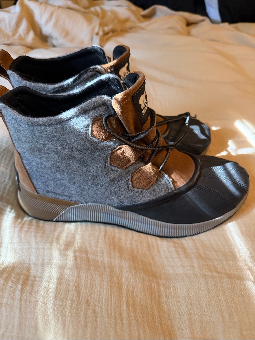 Sorel Gray Wool-Blend Duck Boot with Brown Accents